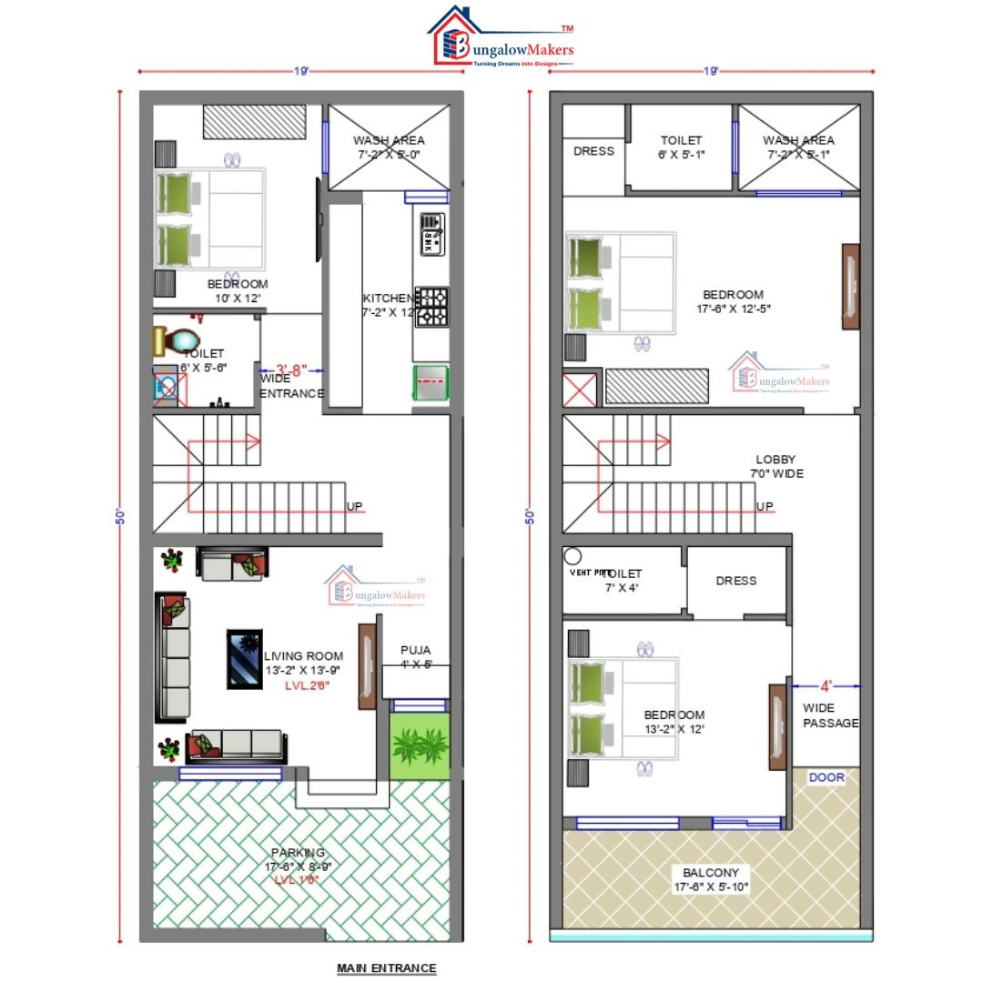 19 X 50 (950 sqft) house floor plan designs