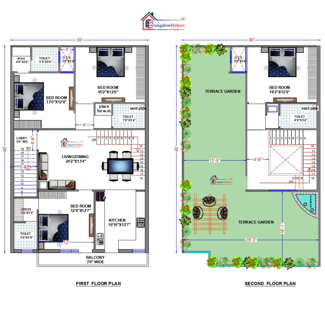 30 X 45 (1350 sqft) House Floor Plan Designs