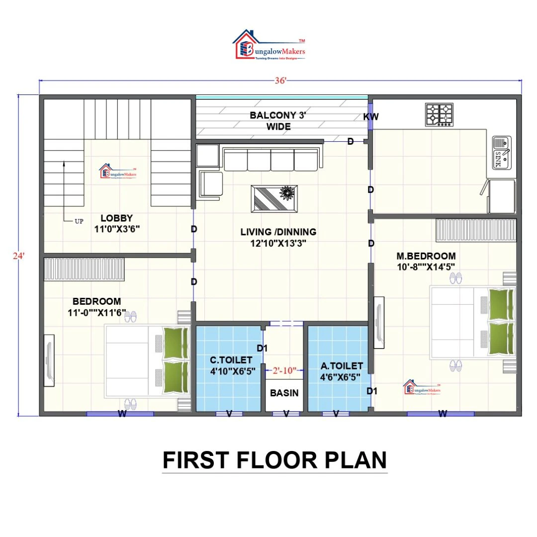 24 X 36 (864 sqft) house floor plan designs