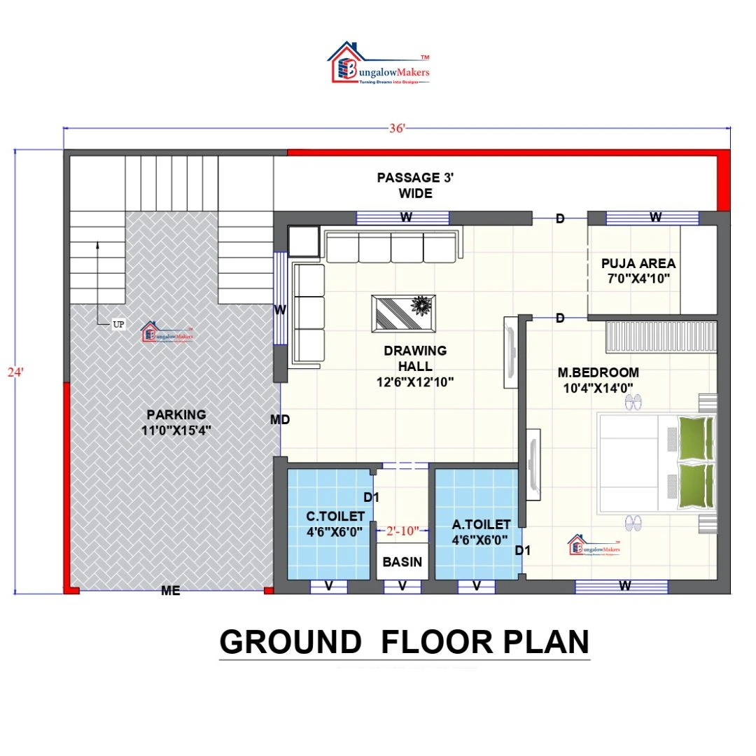 24 X 36 (864 sqft) house floor plan designs