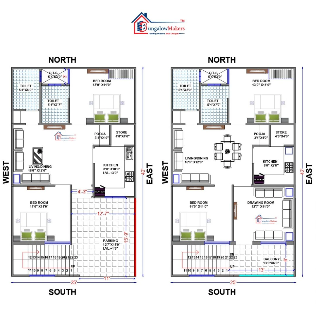 25 X 42 (1050 sqft) House Floor Plan Designs