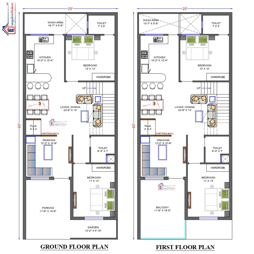 25 X 60 (1500 sqft) house floor plan designs