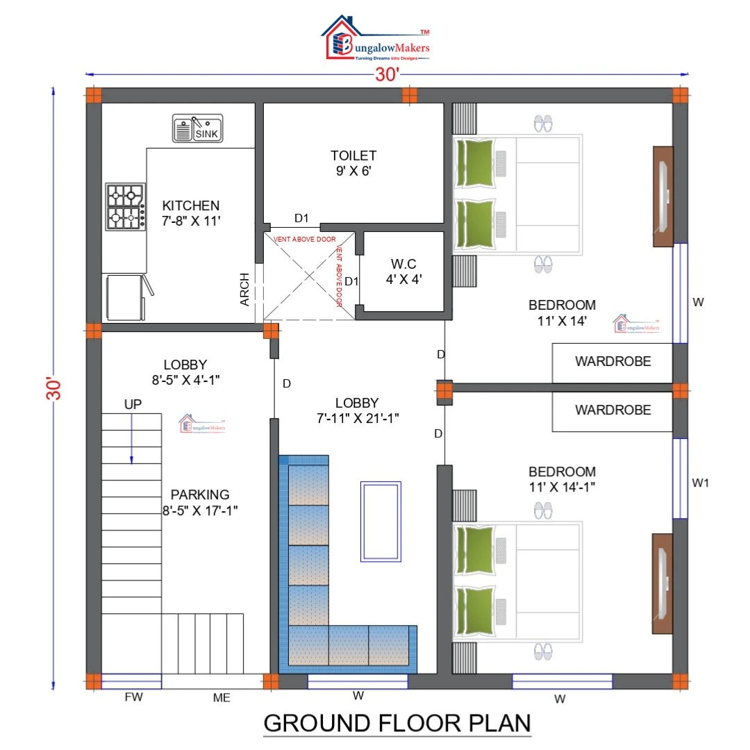 30 X 30 (900 sqft) house floor plan designs