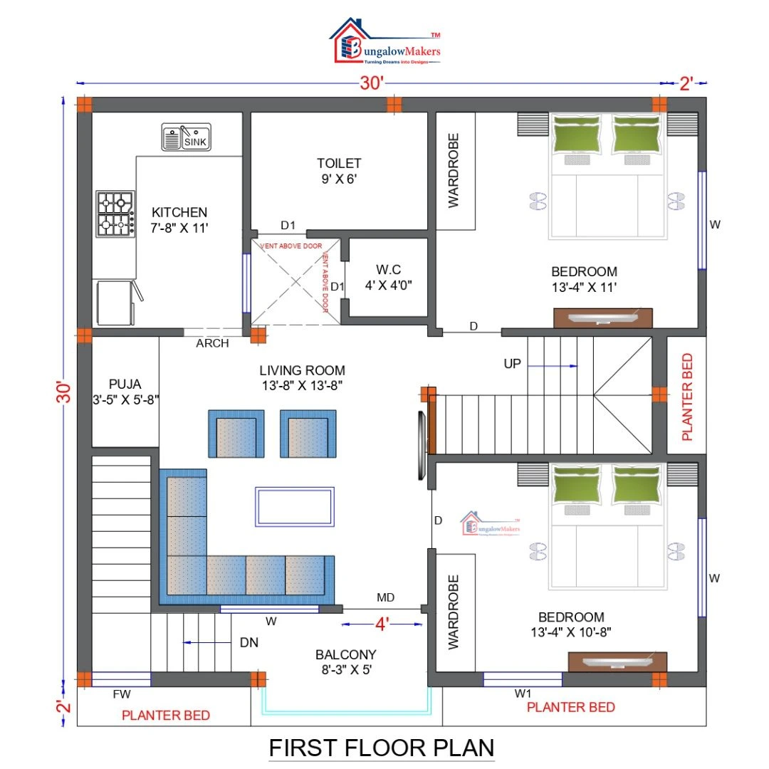 30 X 30 (900 sqft) house floor plan designs