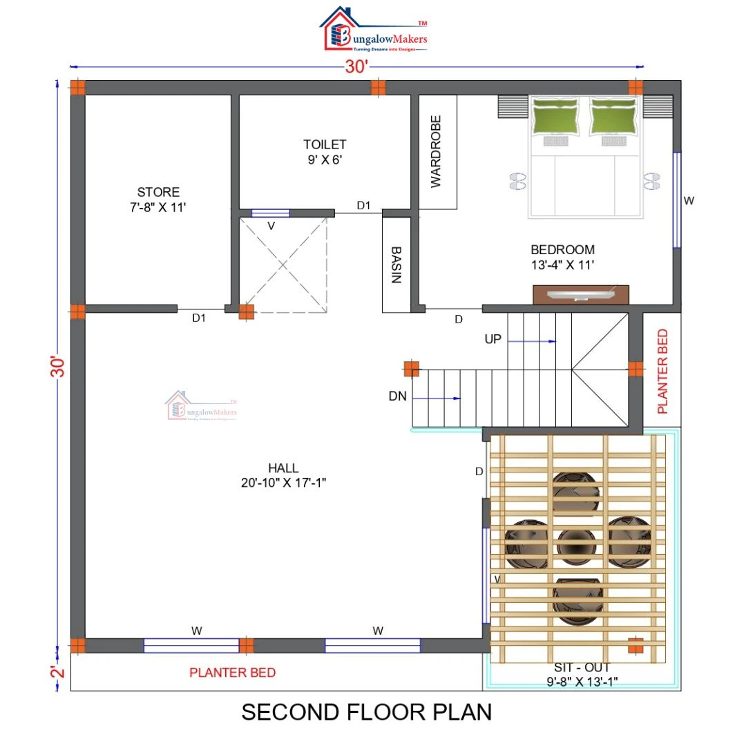 30 X 30 (900 sqft) house floor plan designs