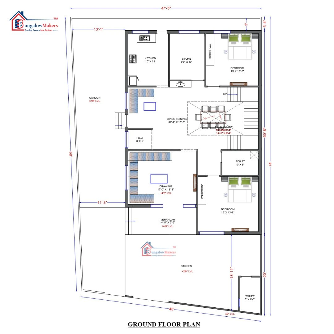 48 X 74 (3552 sqft) house floor plan designs