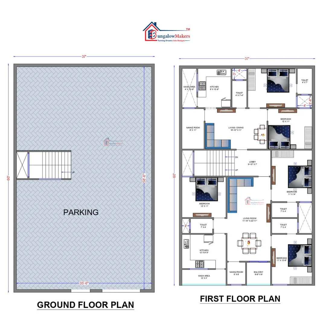 37 X 60 (2220 sqft) house floor plan designs