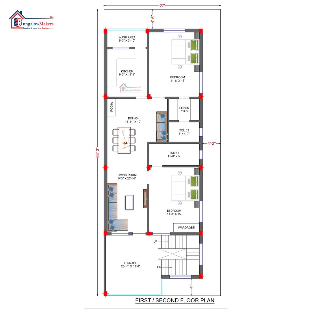 27 X 66 (1780 sqft) house floor plan designs