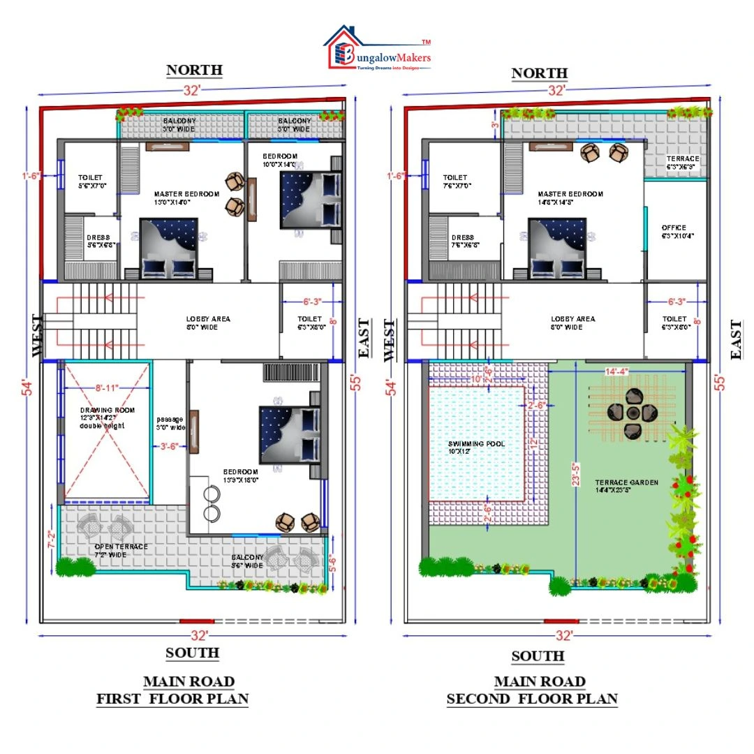 32 X 54 (1728 sqft) south facing house floor