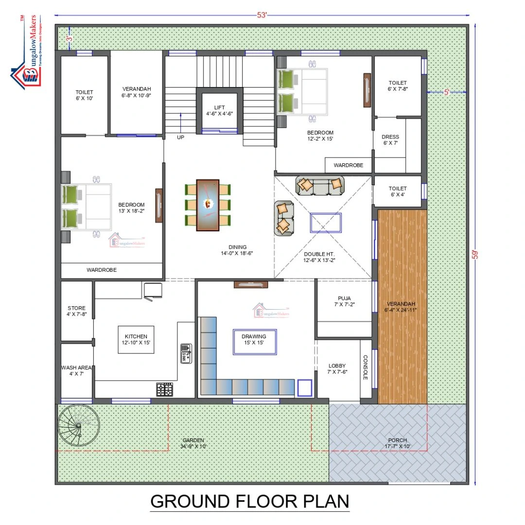 53 X 59 (3127 sqft) Duplex house floor plan designs