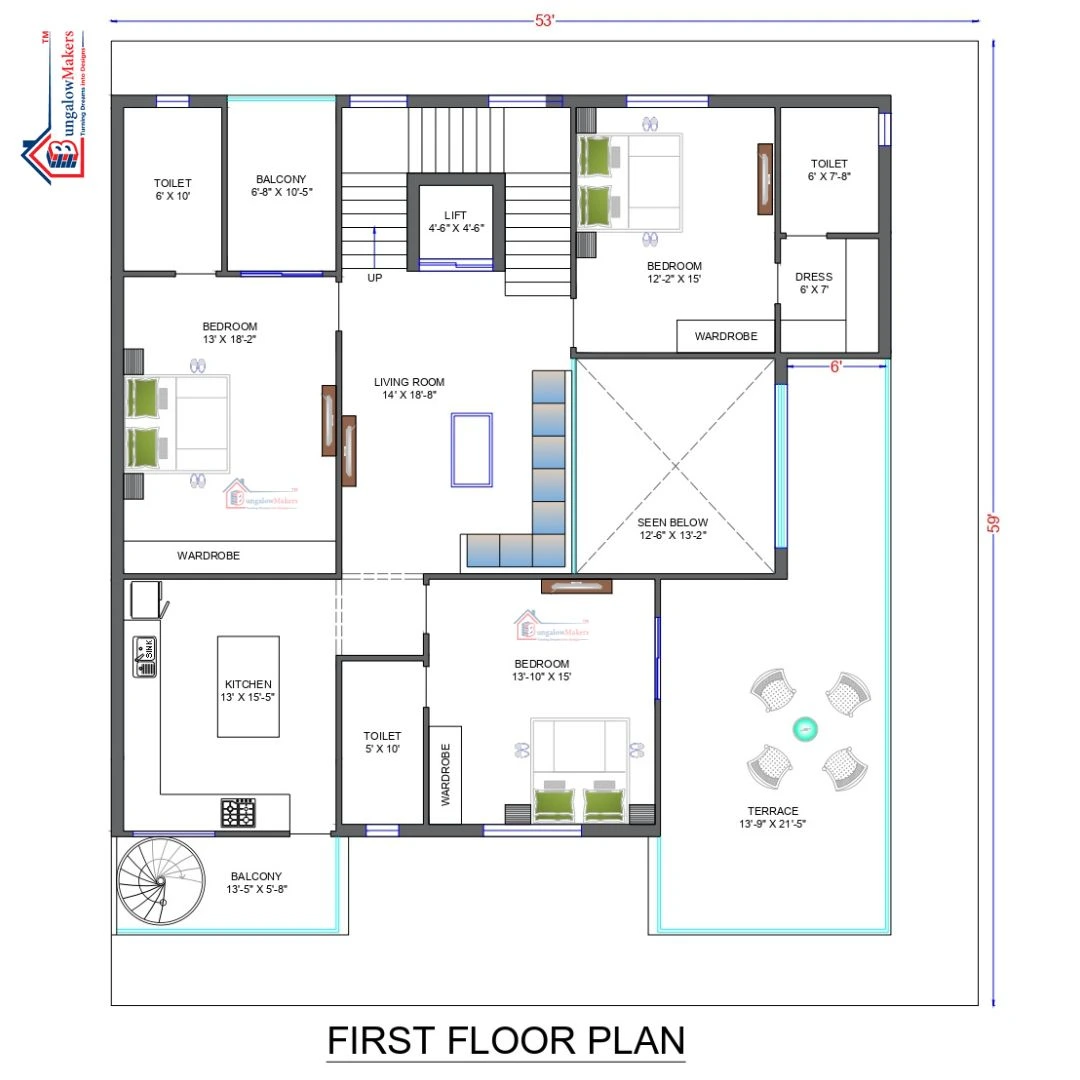 53 X 59 (3127 sqft) Duplex house floor plan designs