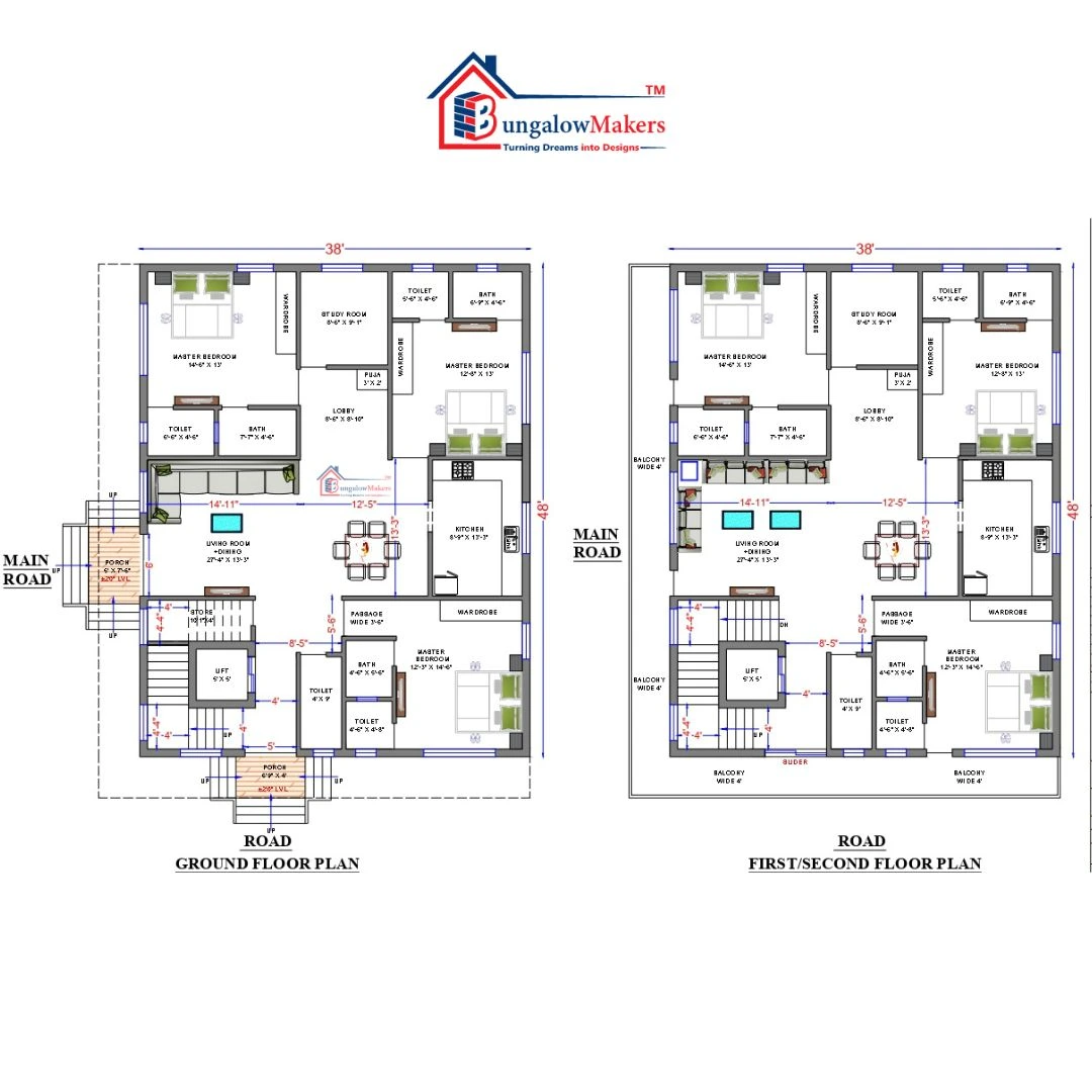 38 X 48 (1824 sqft) Duplex house floor plan designs