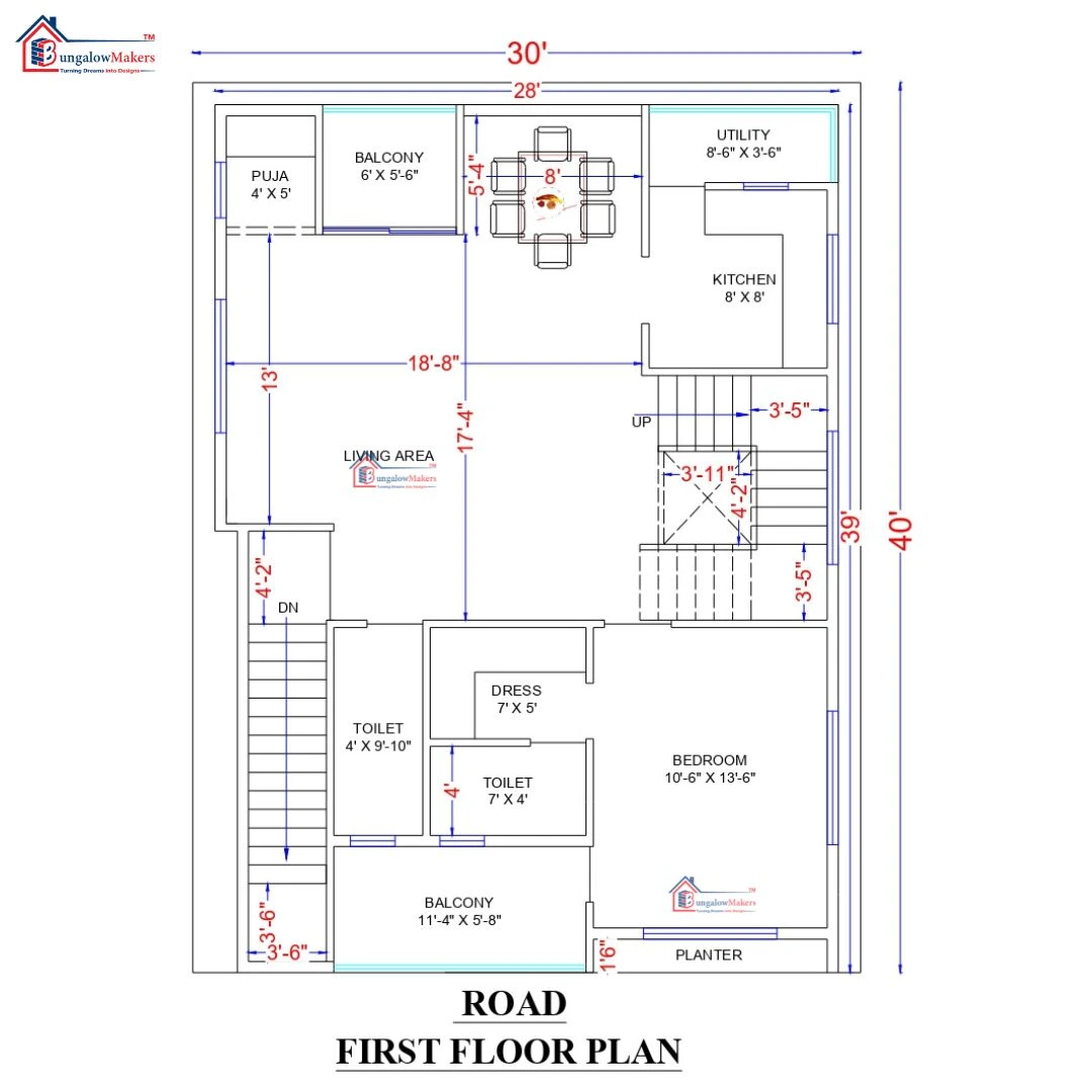 30 X 40 (1200 sqft) house floor plan designs