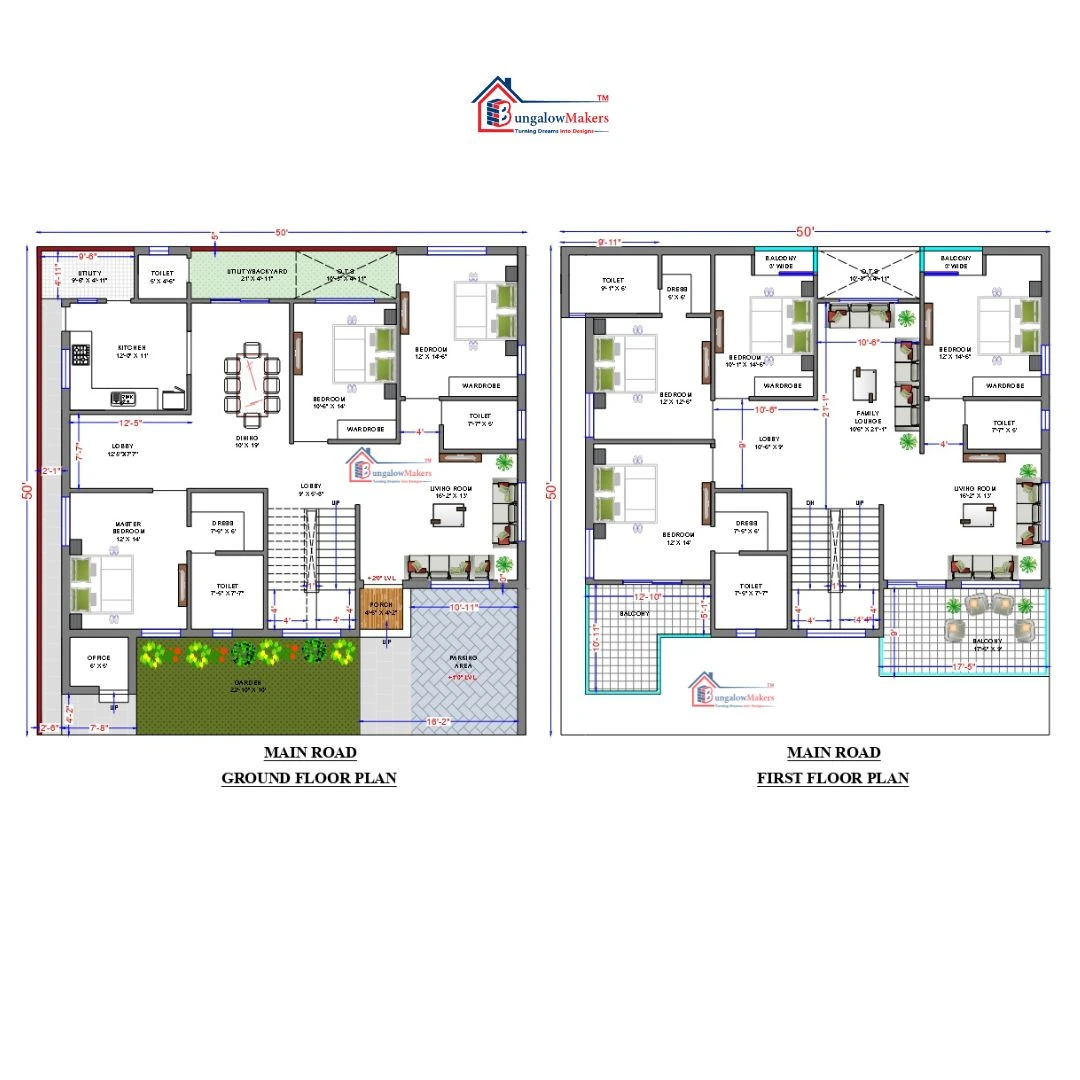 50 X 50 (2500 sqft) duplex house floor plan designs