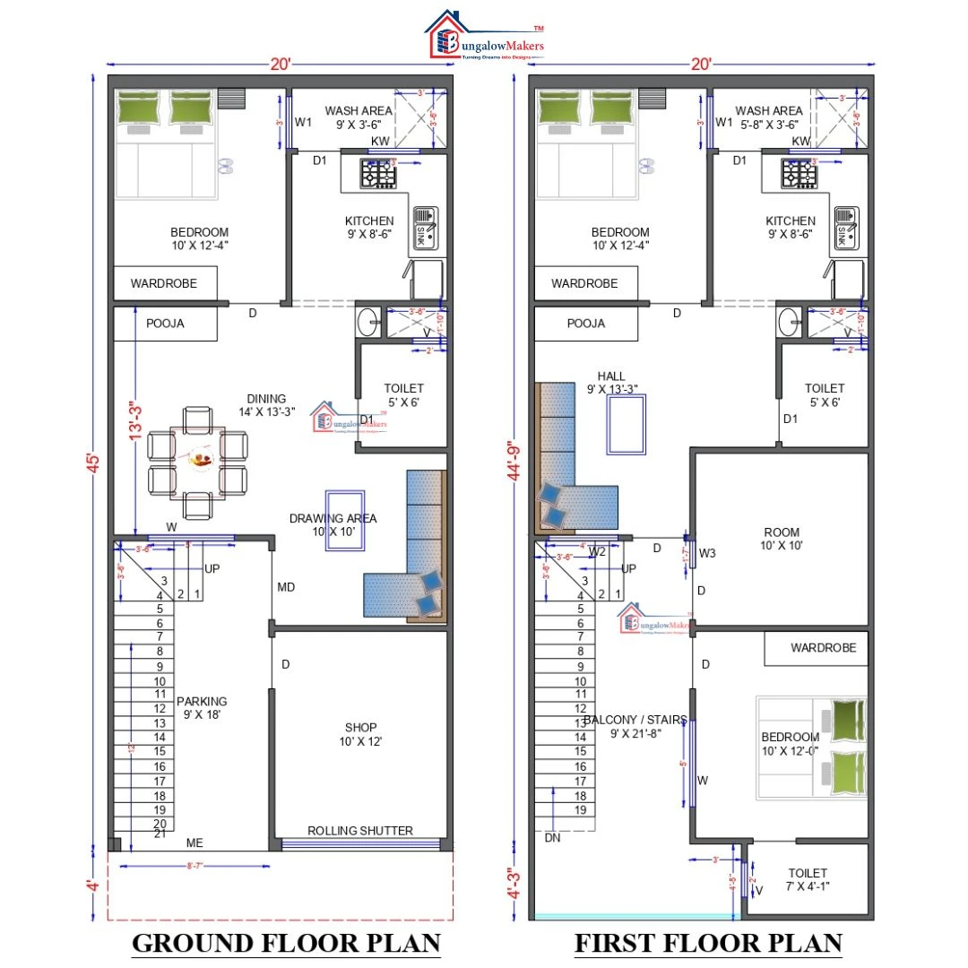 20 X 45 (900 sqft) house floor plan designs