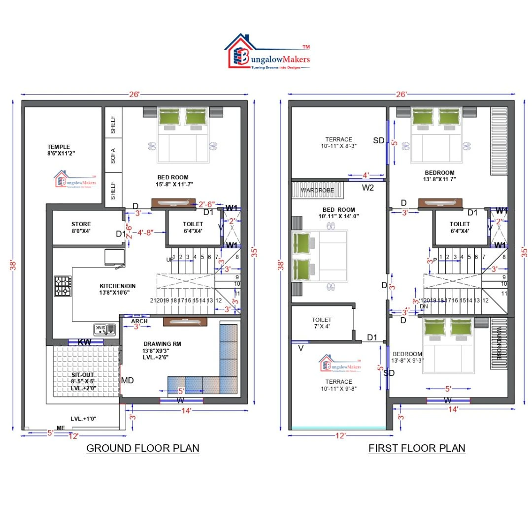 26 X 36 (936 sqft) house floor plan designs