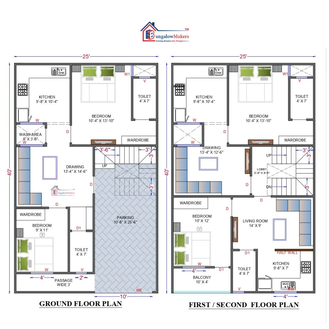 25 X 40 (1000 sqft) house floor plan designs