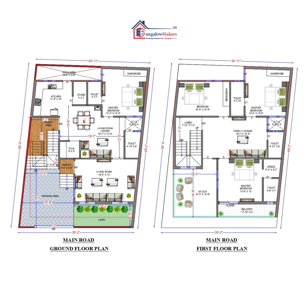 35 X 50 (1750 sqft) house floor plan designs