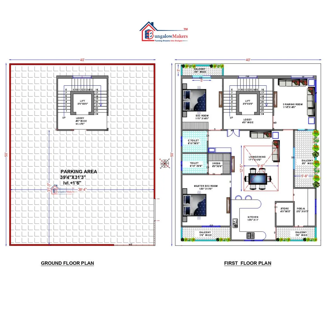 40 X 50 (2000 sqft) house floor plan designs