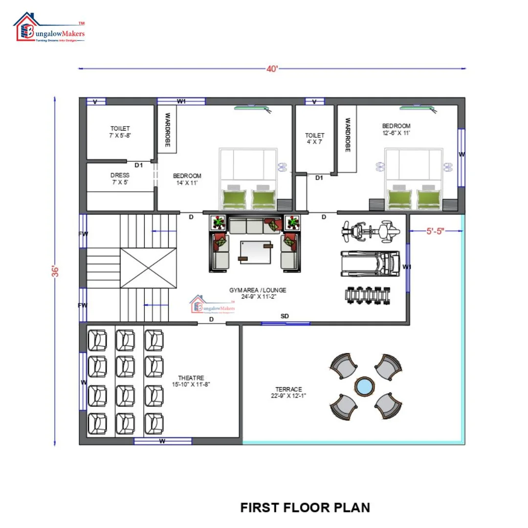 36 X 40 (1440 sqft) house floor plan designs