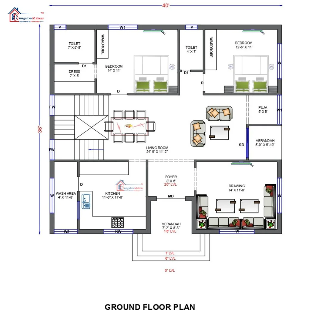 36 X 40 (1440 sqft) house floor plan designs