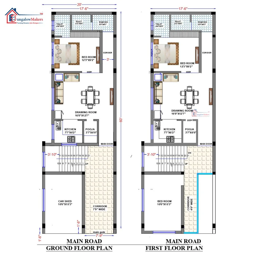 20 X 60 (1200 sqft) house floor plan designs