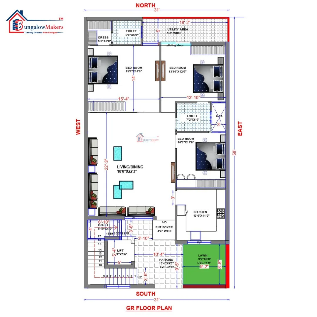 31 X 58 (1798 sqft) house floor plan designs