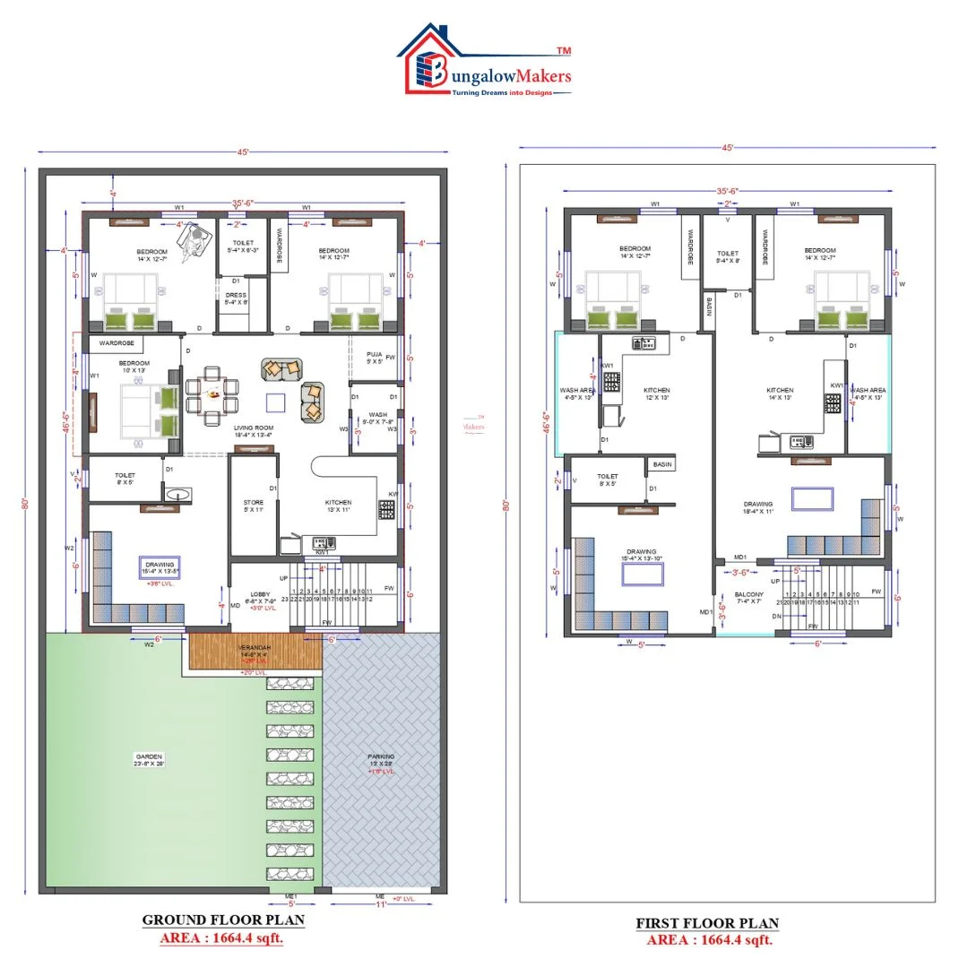 45 X 80 (3600 sqft) house floor plan designs