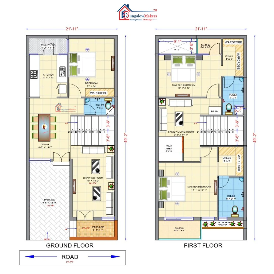 22 X 49 (1078 sqft) house floor plan designs