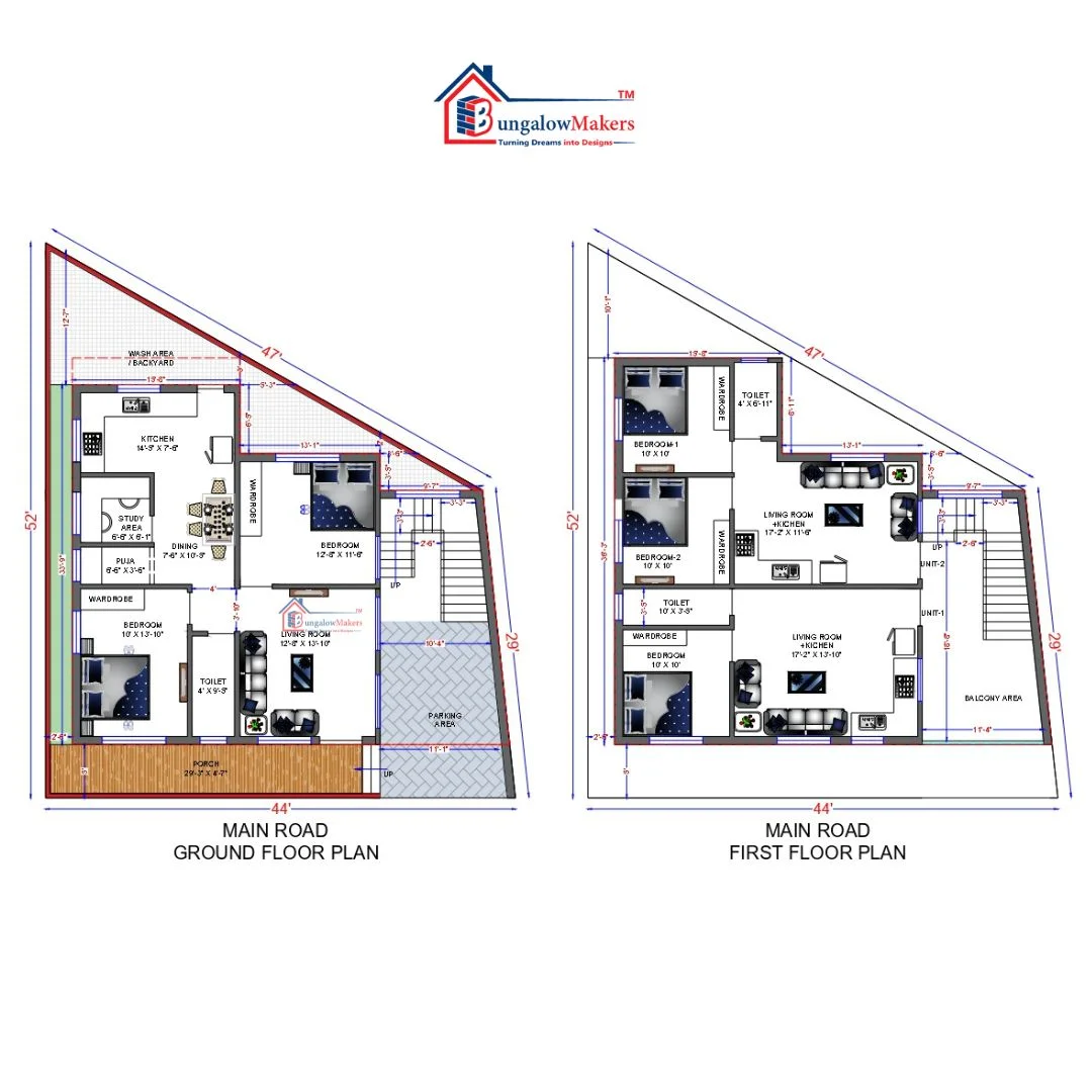 40 X 45 (1800 sqft) house floor plan designs