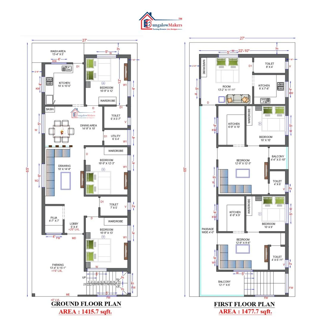 27 X 65 (1755 sqft) house floor plan designs