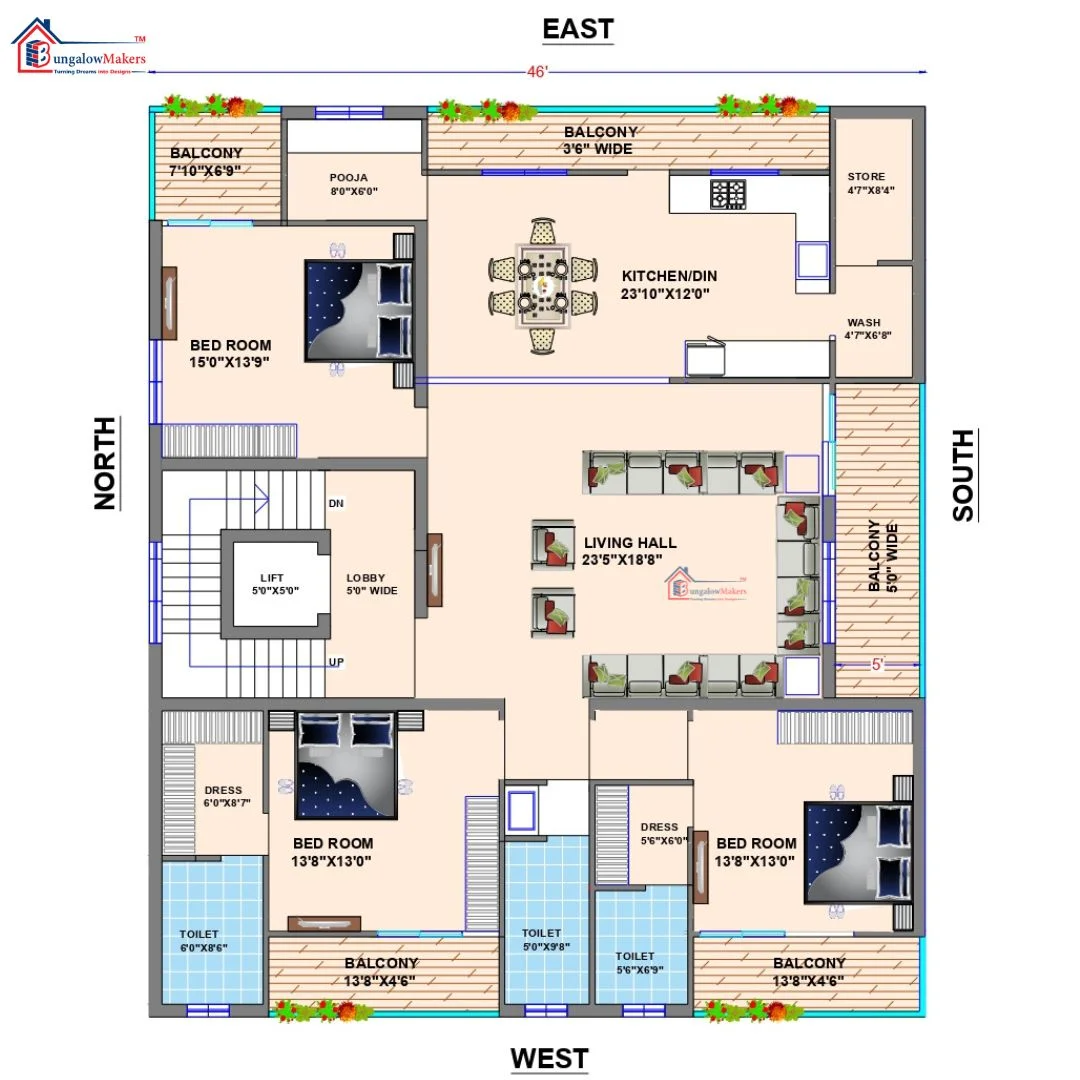 46 X 60 (2760 sqft) house floor plan designs