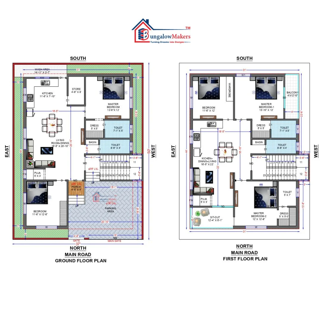 37 X 50 (1850 sqft) house floor plan designs