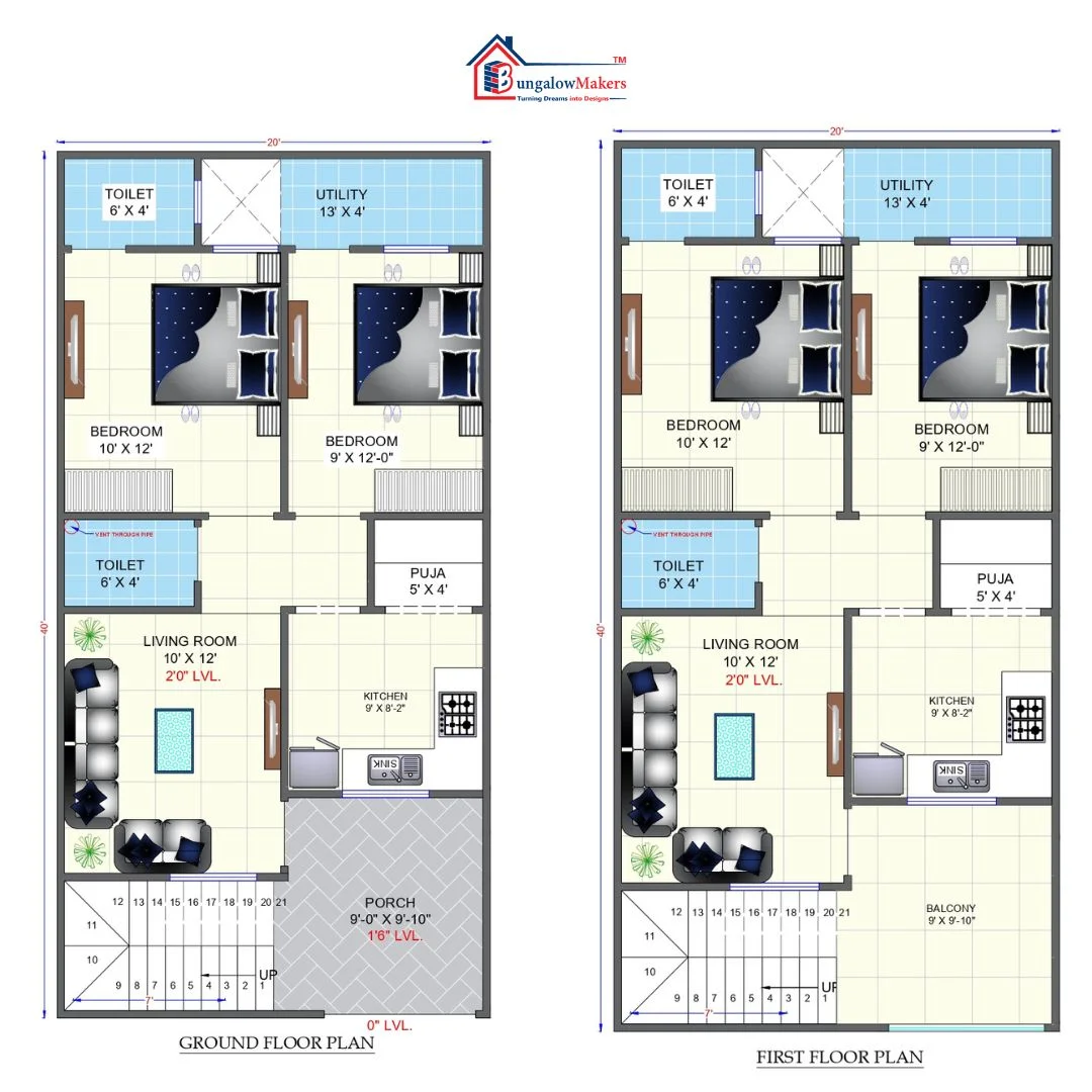 20 X 40 (800 sqft) house floor plan designs