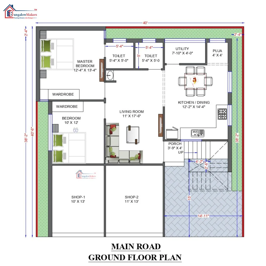 40 X 40 (1600 sqft) house floor plan designs