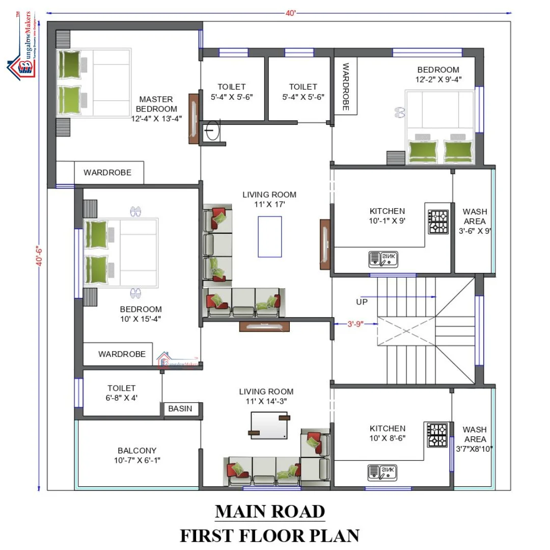 40 X 40 (1600 sqft) house floor plan designs