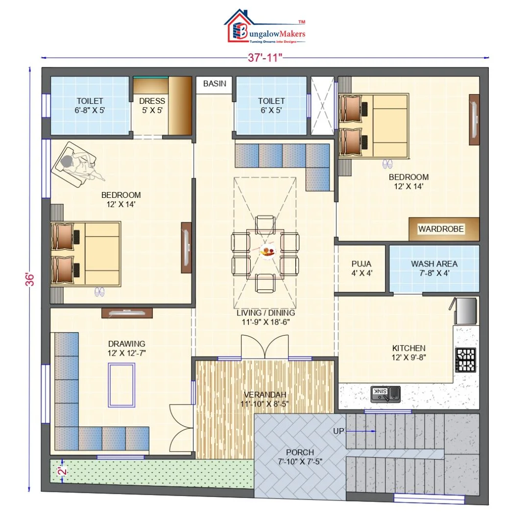 36 X 37 (1332 sqft) house floor plan designs