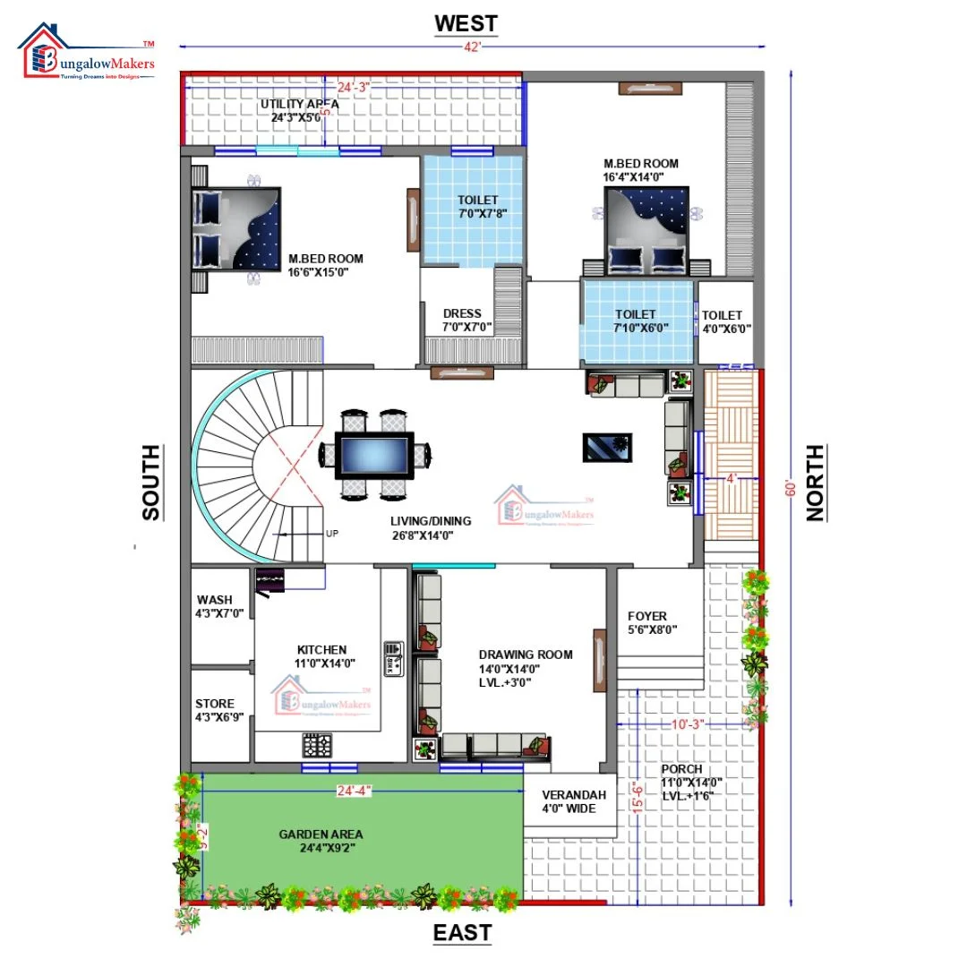 42 X 60 (2520 sqft) house floor plan designs