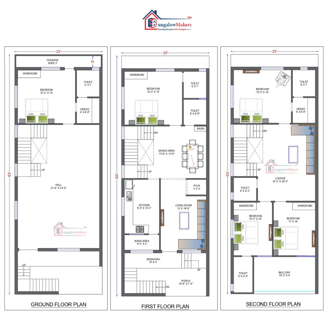 23x63 House Plans & Designs | 1450 sqft House Floor Plans