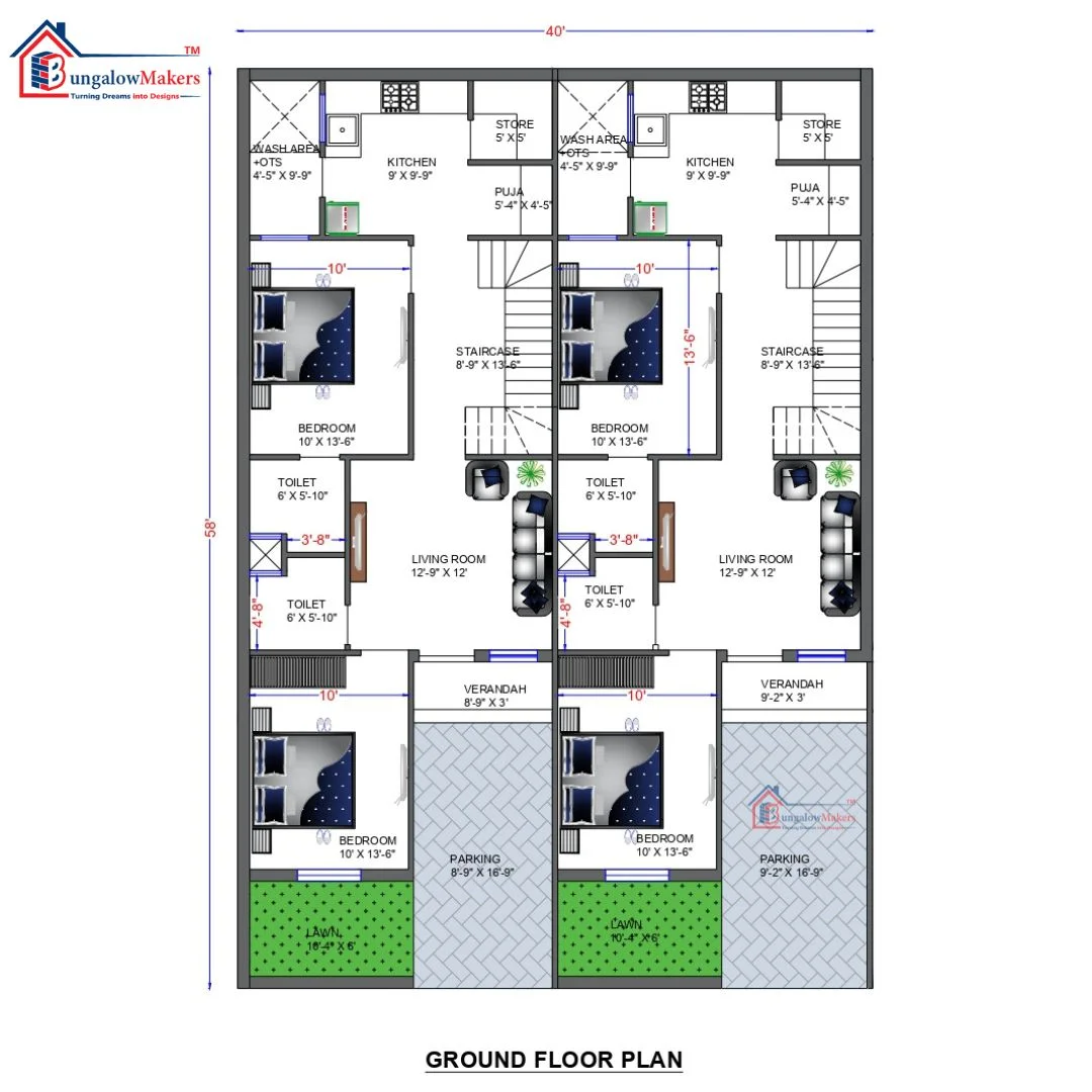 40x58 House Plans & Designs | 2320 sqft House Floor Plans