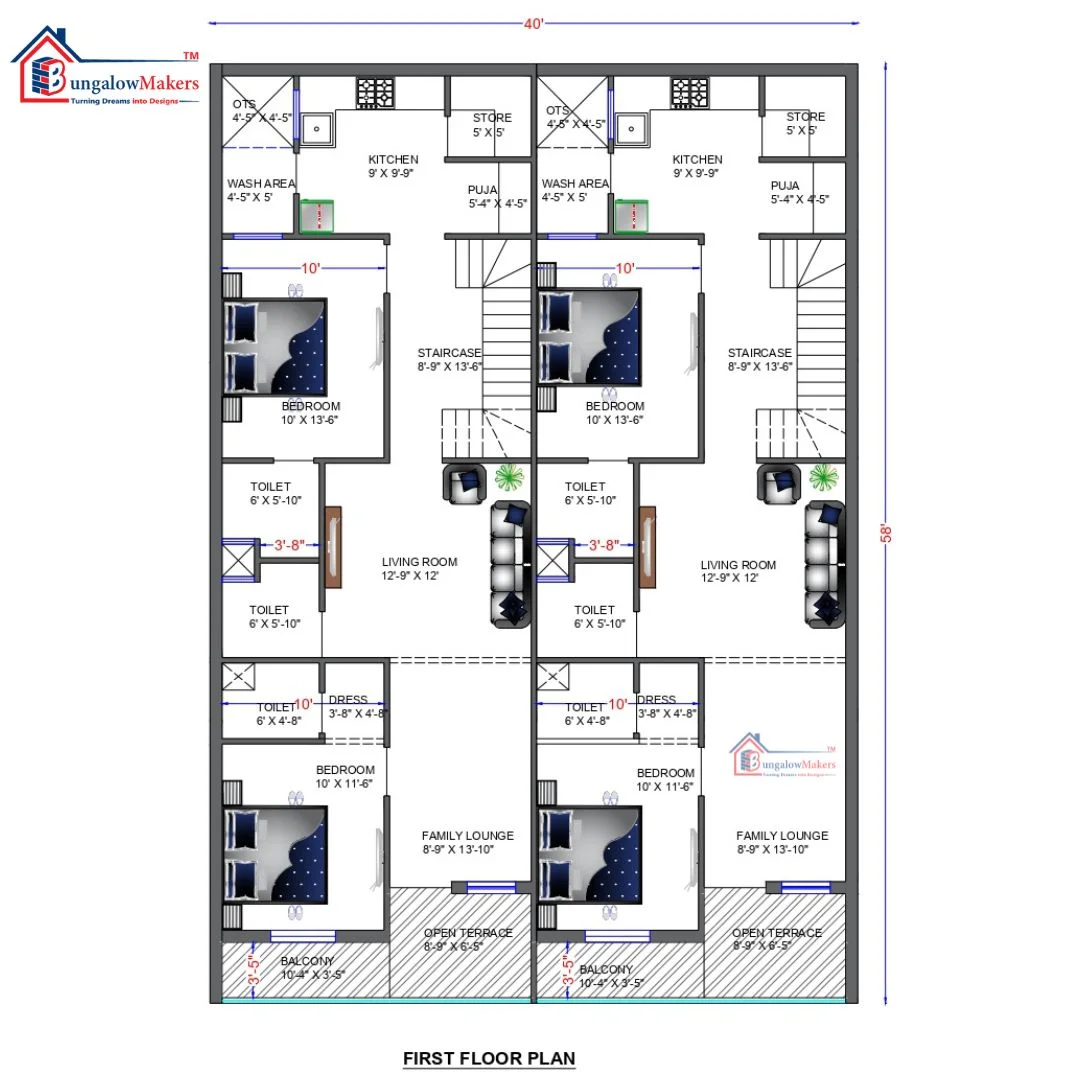 40x58 House Plans & Designs | 2320 sqft House Floor Plans