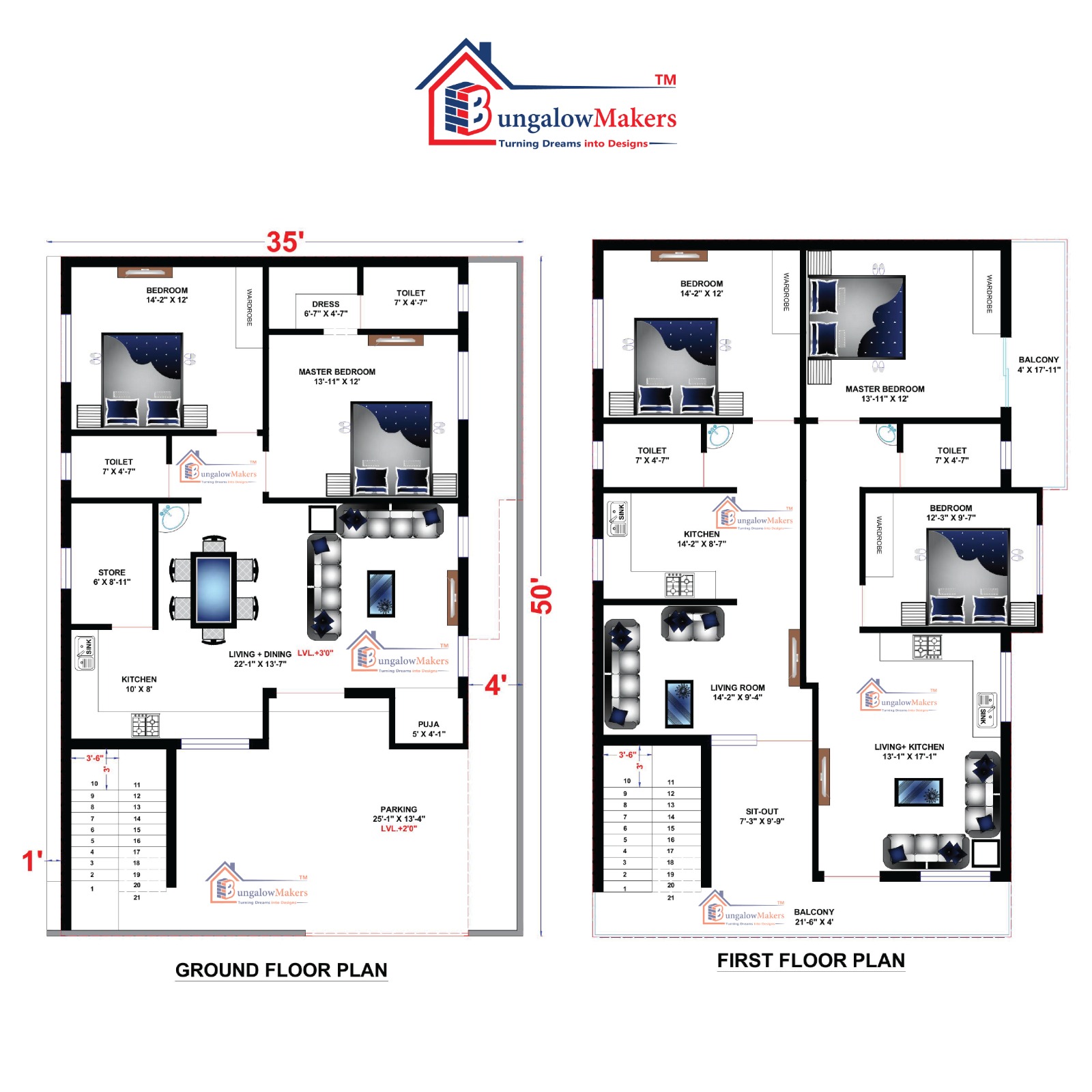 36x46 (1650 sqft) House Plans & Designs