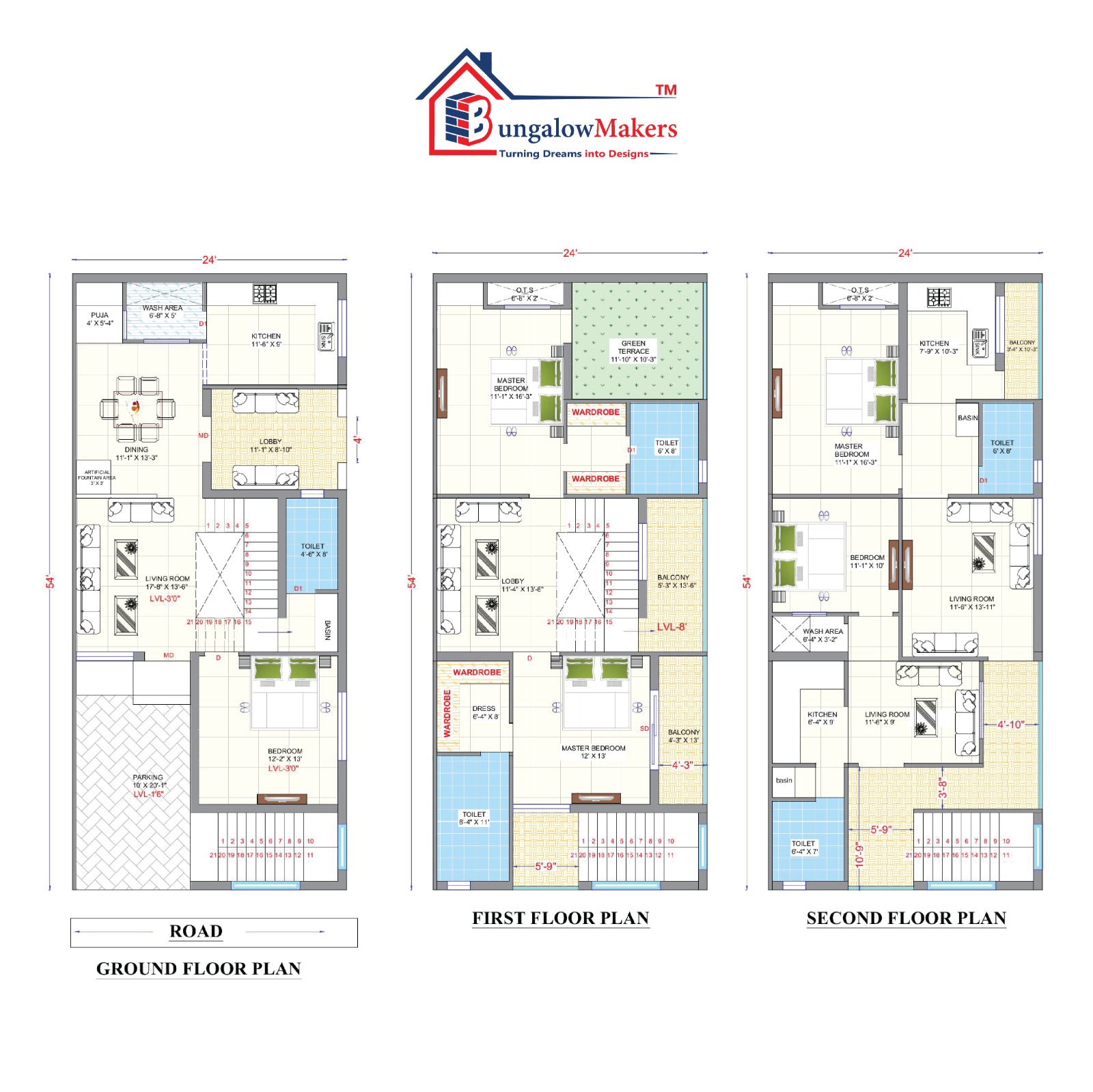 24x54 House Plan Designs -  1296 sqft House Floor Plans