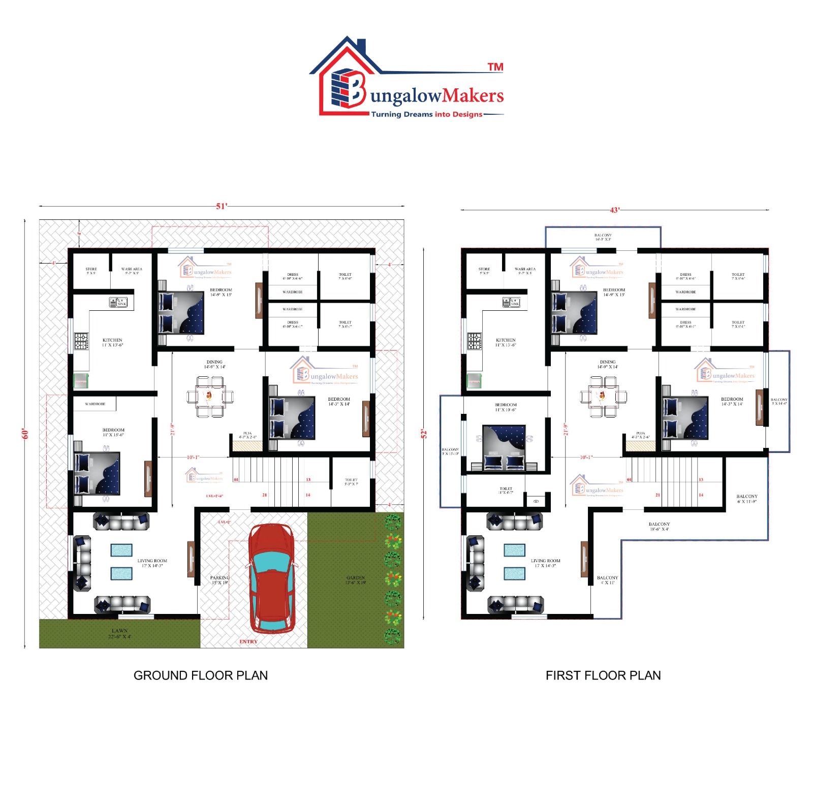 45x48 House Plans & Designs - 2160 sqft House Floor Plans