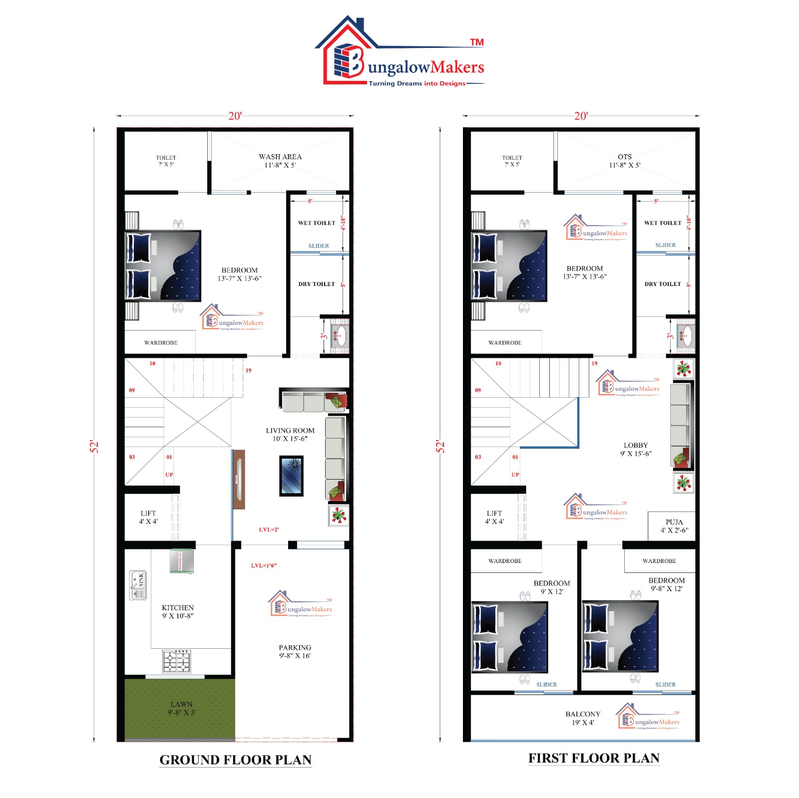 20x49 house plans & designs -  980 sqft House Floor Plans