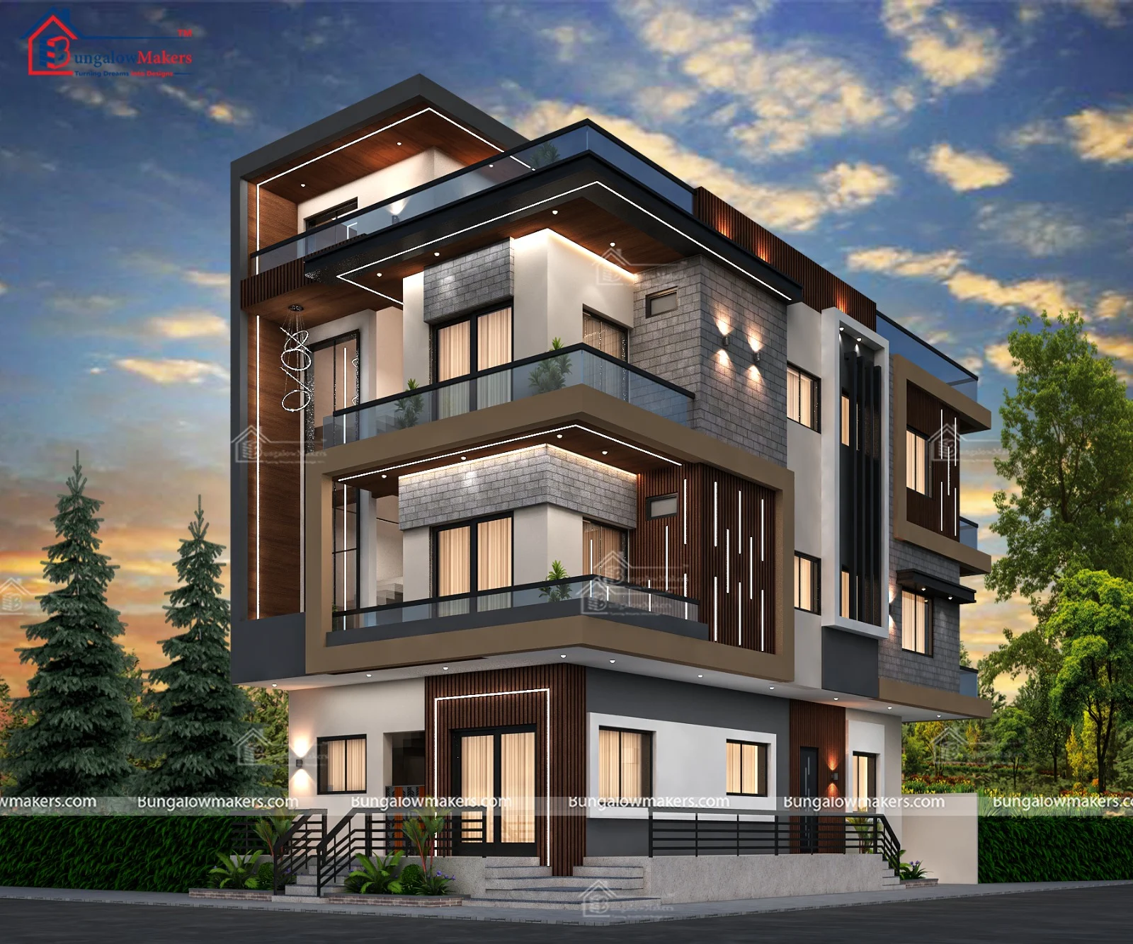 Three Floors House Design - Triple Story House Elevation