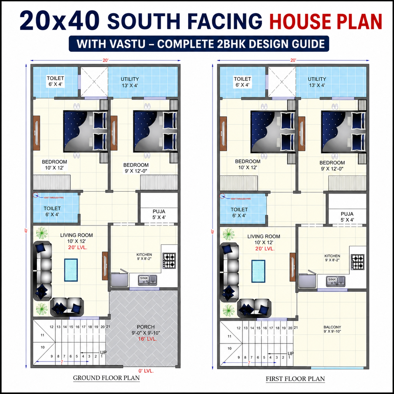 20x40 house floor design plan south facing for ground and first floor