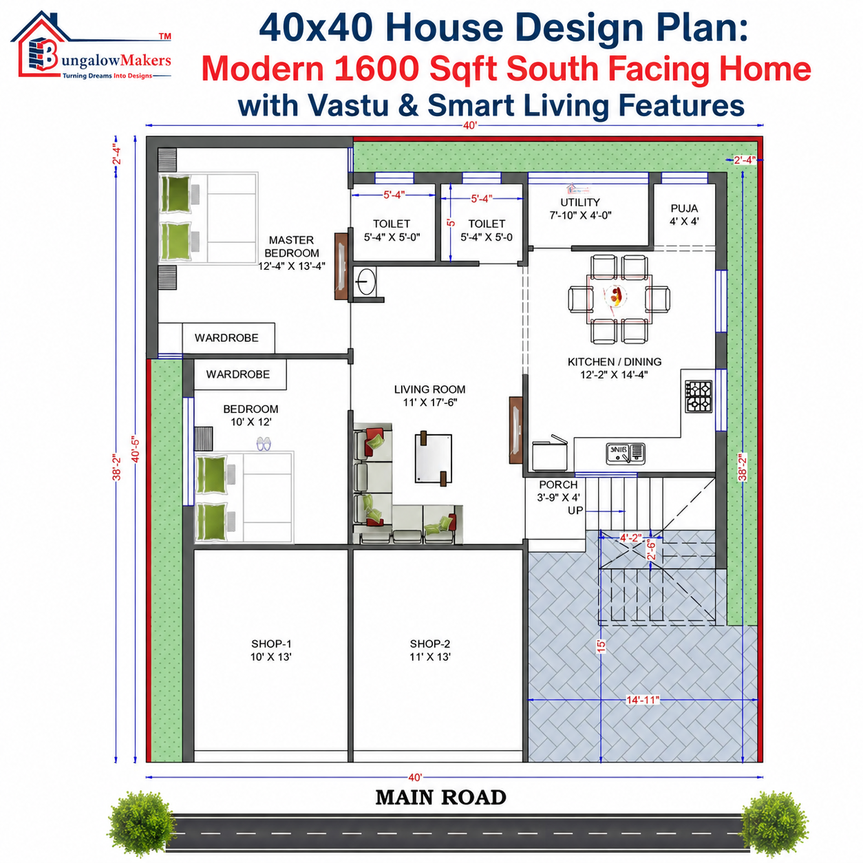 40x40 House Design Plan – Modern 1600 Sqft South Facing Home Floor Plan with Vastu, 3BHK Layout, Uti